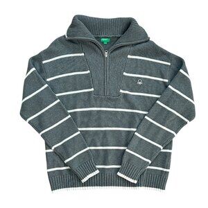 United Colors of Benetton Women's 1/4 Zip Cotton Gray Striped Sweater Sz L Soft
